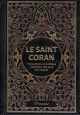 Le Saint Coran arabe noir avec traduction en langue francaise du sens de ses versets et transcription phonetique avec arabesques bordeaux bordees de dorure