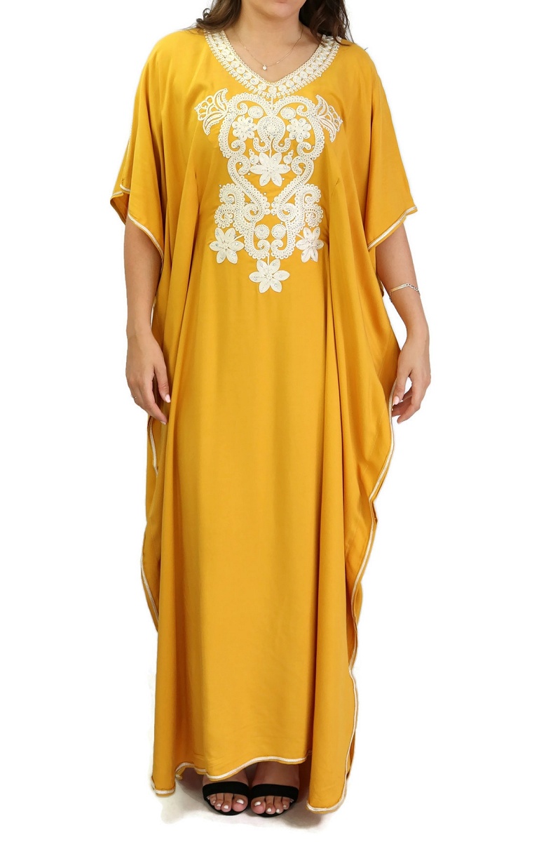 Gandoura robe traditionnelle marocaine orientale avec broderie hijab Taille  S Couleur Jaune Pimenté Taille S Couleur Jaune Pimenté