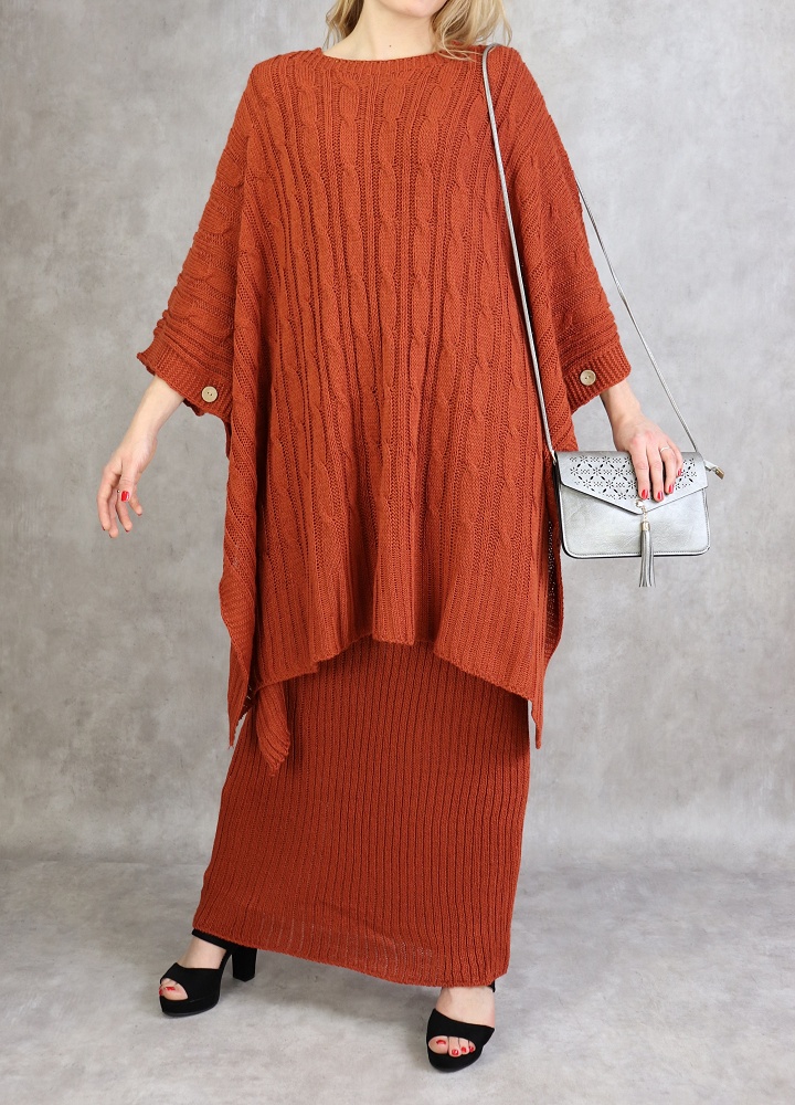 Ensemble robe et poncho grosse maille pour femme - Couleur Rouille - Prêt à  porter et accessoires sur