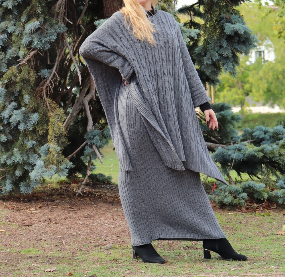 Ensemble robe et poncho grosse maille pour femme - Couleur Rouille - Prêt à  porter et accessoires sur