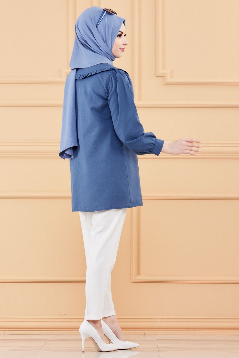 Chemise à froufrou (Vetement femme voilée en ligne) - Couleur bleu pétrole  - Prêt à porter et accessoires