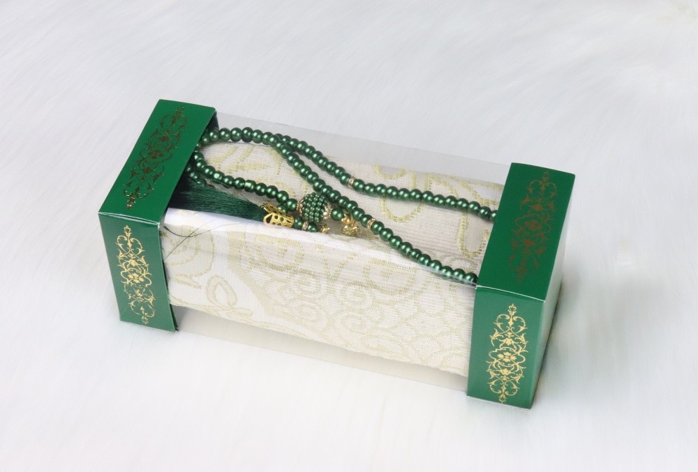 Pack cadeau : Pochette + Sebha (chapelet musulman) + Tapis de prière + Le  Noble Coran avec traduction française - Couleur vert doré